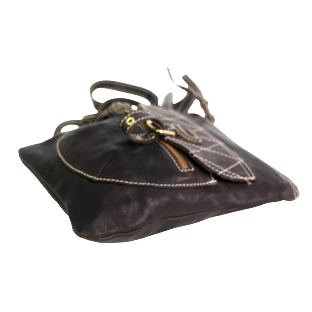 Marco Buggiani BROWN GENUINE LEATHER X-BODY ZIP TOP PURSE SHOULDER BAG HANDBAG